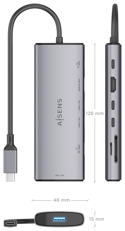 USB-C DOCK AISENS 7 EN 1 HDMI USB 10G 2XUSB-C 10G SD MICRO SD PD 100W - detalle