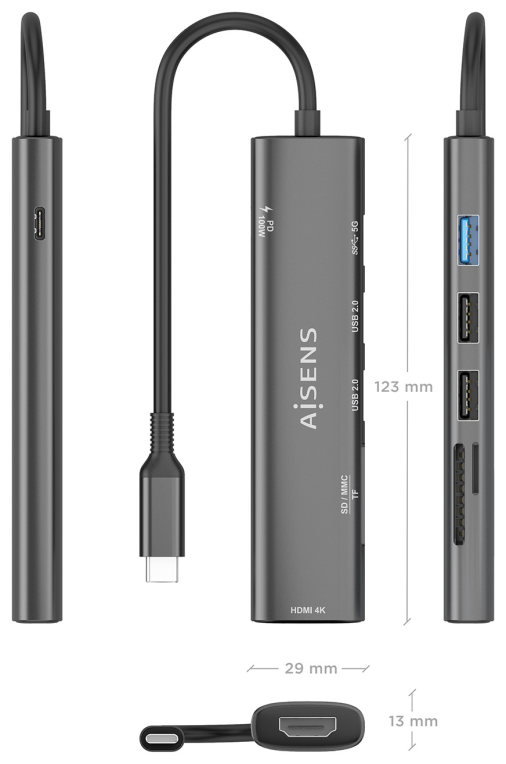 USB-C DOCK AISENS 7 EN 1 USB-C A HDMI 2XUSB-A USB-A PD 100W SD MICRO SD - detalle