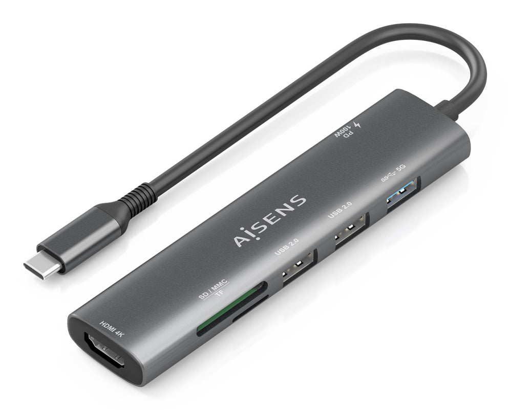 AISENS USB-C Dock 7 en 1. USB-C A. 1x HDMI. 2x USB-A USB2.0. 1x USB-A USB3.0. 1x USB-C PD 100W. 1x SD. 1x MicroSD. Gris.