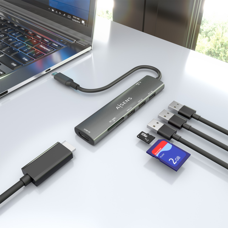 USB-C DOCK AISENS 7 EN 1 USB-C A HDMI 2XUSB-A USB-A PD 100W SD MICRO SD - detalle