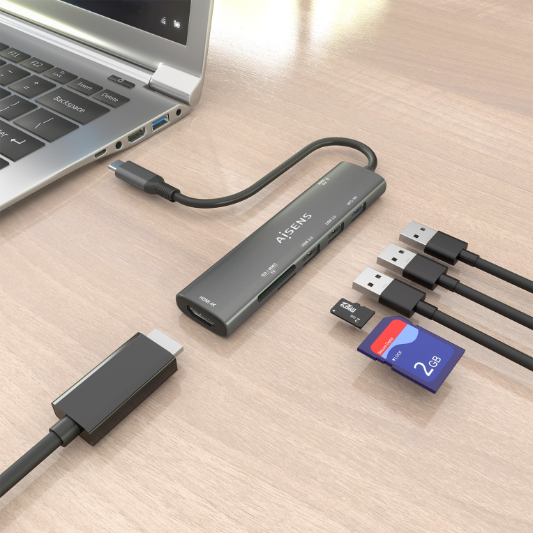 USB-C DOCK AISENS 7 EN 1 USB-C A HDMI 2XUSB-A USB-A PD 100W SD MICRO SD - detalle