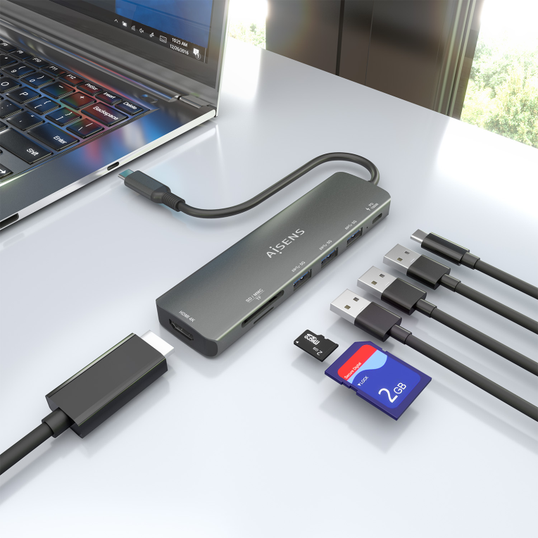 USB-C DOCK AISENS 7 EN 1 USB-C A HDMI 3XUSB-A USB-C PD 100W SD MICRO SD - detalle