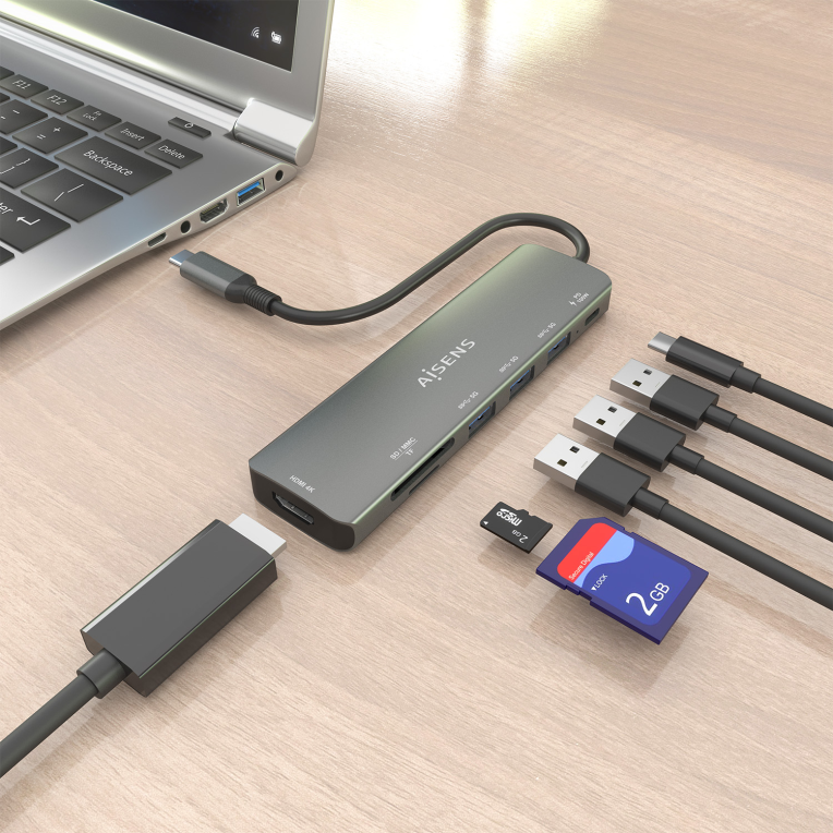 USB-C DOCK AISENS 7 EN 1 USB-C A HDMI 3XUSB-A USB-C PD 100W SD MICRO SD - detalle
