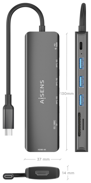 USB-C DOCK AISENS 7 EN 1 USB-C A HDMI 3XUSB-A USB-C PD 100W SD MICRO SD - detalle