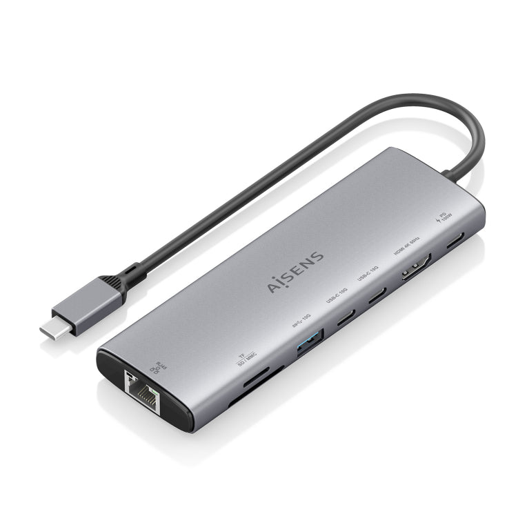 Base de conexión USB-C AISENS 8 en 1. USB-C a 1xHDMI. 1xRJ45. 1xUSB-A 10G. 2xUSB-C 10G. 1xSD. 1xMicroSD. 1xUSB-C PD 100W. Gris. 20 cm