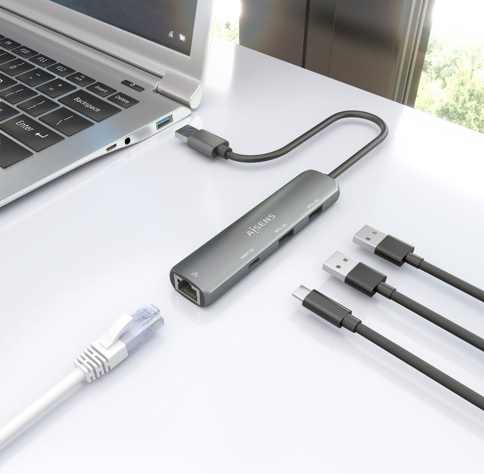 USB3.0 DOCK AISENS USB-A A ETHERNET GIGABIT HUB 1XUSB-C+2XUSB-A GRIS 15CM - detalle