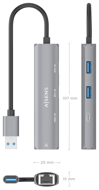 USB3.0 DOCK AISENS USB-A A ETHERNET GIGABIT HUB 1XUSB-C+2XUSB-A GRIS 15CM - detalle