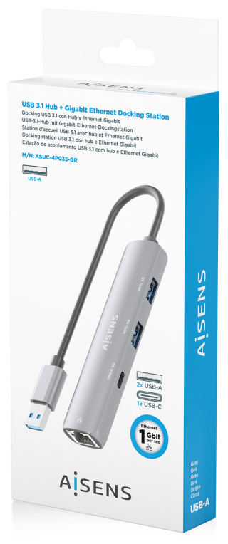 USB3.0 DOCK AISENS USB-A A ETHERNET GIGABIT HUB 1XUSB-C+2XUSB-A GRIS 15CM - detalle