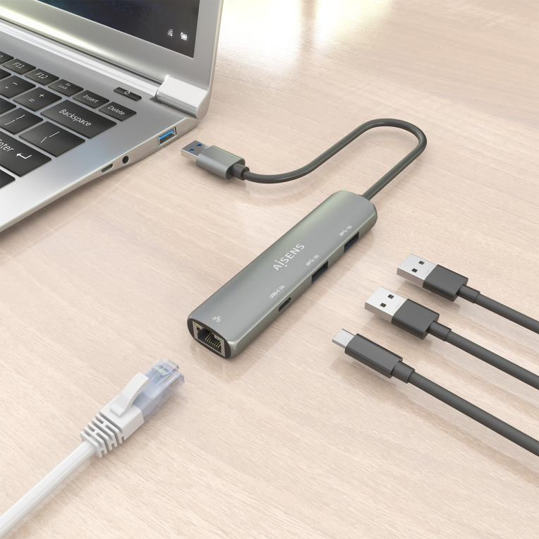 USB3.0 DOCK AISENS USB-A A ETHERNET GIGABIT HUB 1XUSB-C+2XUSB-A GRIS 15CM - detalle