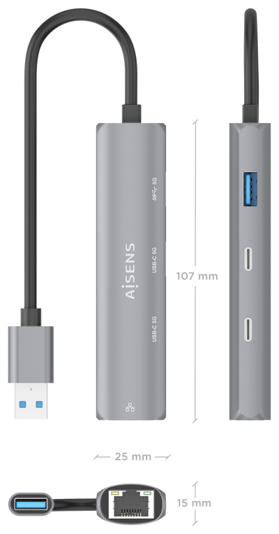 USB3.0 DOCK AISENS USB-A A ETHERNET GIGABIT HUB 2XUSB-C+1XUSB-A GRIS 15CM - detalle