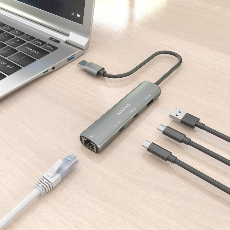 USB3.0 DOCK AISENS USB-A A ETHERNET GIGABIT HUB 2XUSB-C+1XUSB-A GRIS 15CM - detalle