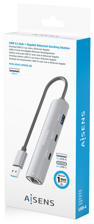 USB3.0 DOCK AISENS USB-A A ETHERNET GIGABIT HUB 2XUSB-C+1XUSB-A GRIS 15CM - detalle