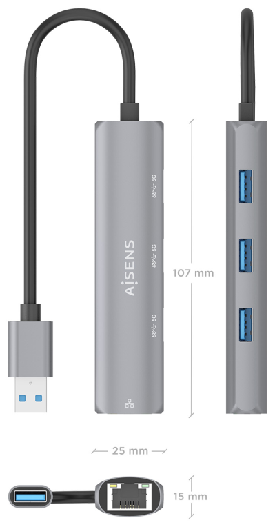 USB3.0 DOCK AISENS USB-A A ETHERNET GIGABIT HUB 3XUSB-A GRIS 15CM - detalle
