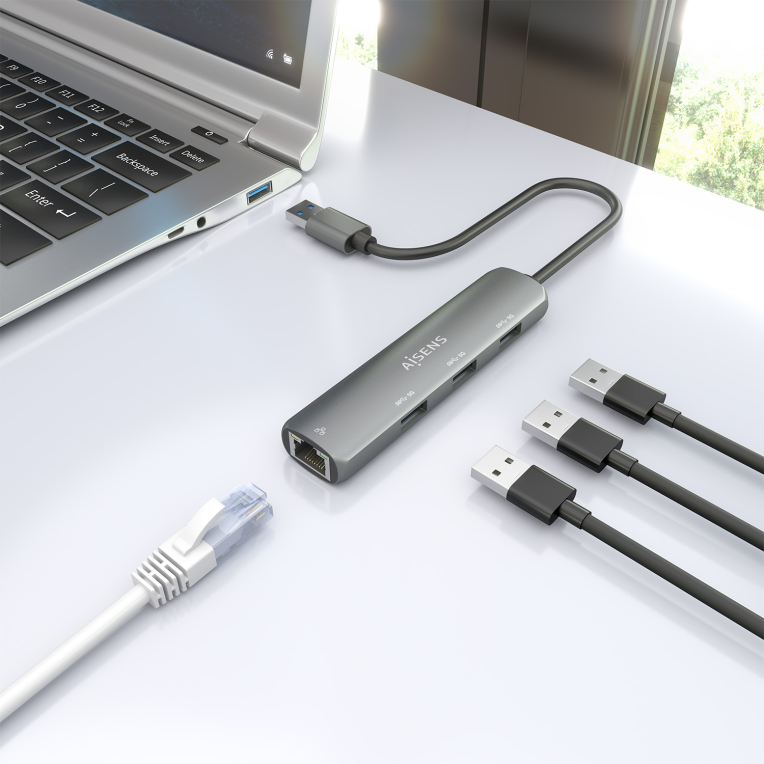 USB3.0 DOCK AISENS USB-A A ETHERNET GIGABIT HUB 3XUSB-A GRIS 15CM - detalle