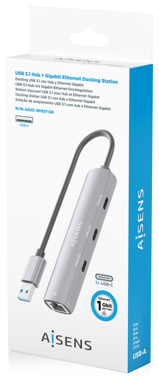 USB3.0 DOCK AISENS USB-A A ETHERNET GIGABIT HUB 3XUSB-C GRIS 15CM - detalle