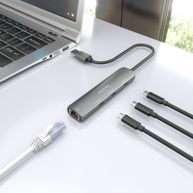 USB3.0 DOCK AISENS USB-A A ETHERNET GIGABIT HUB 3XUSB-C GRIS 15CM - detalle