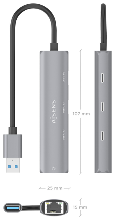 USB3.0 DOCK AISENS USB-A A ETHERNET GIGABIT HUB 3XUSB-C GRIS 15CM - detalle