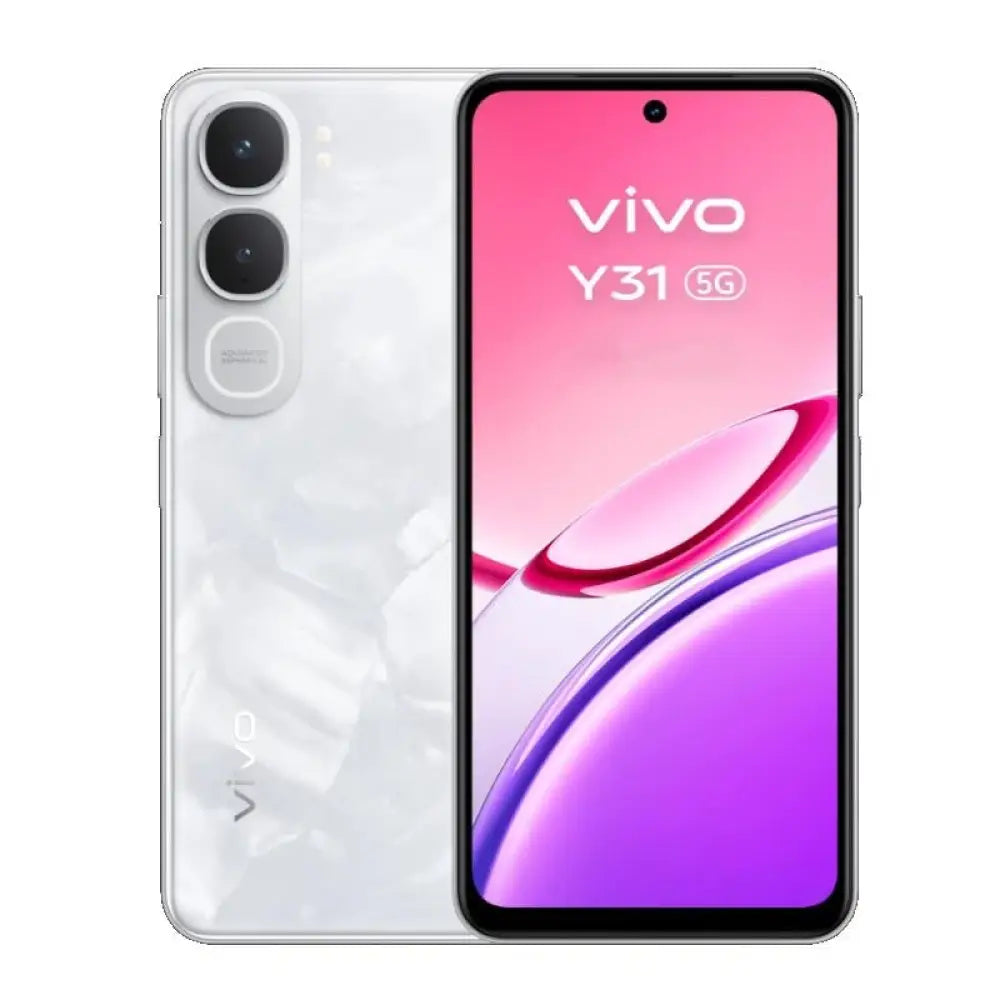 Teléfono inteligente VIVO Y31 5G en color blanco con pantalla de 6.72 pulgadas y 512GB de almacenamiento.