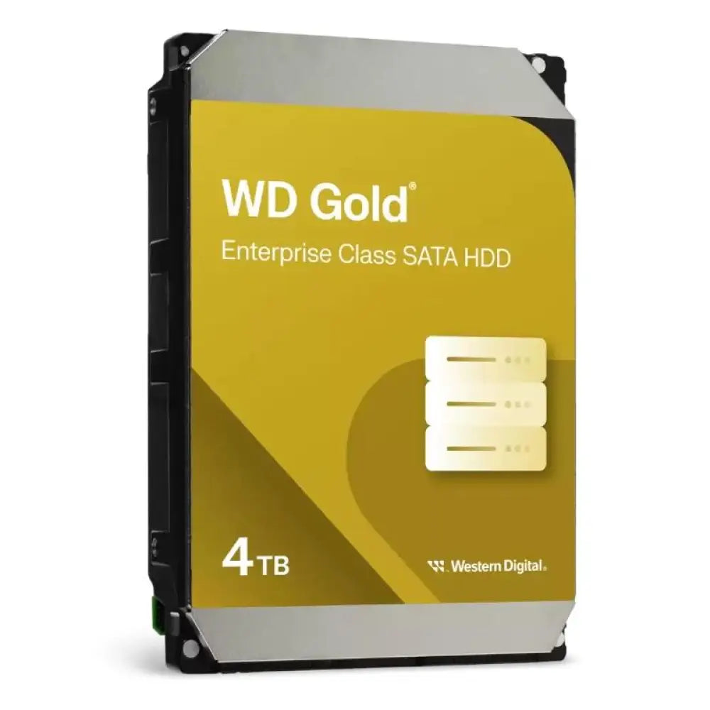 Disco duro interno Western Digital Gold WD4004FRYZ de 4TB SATA/600, vista de perfil con etiquetas y conexiones.