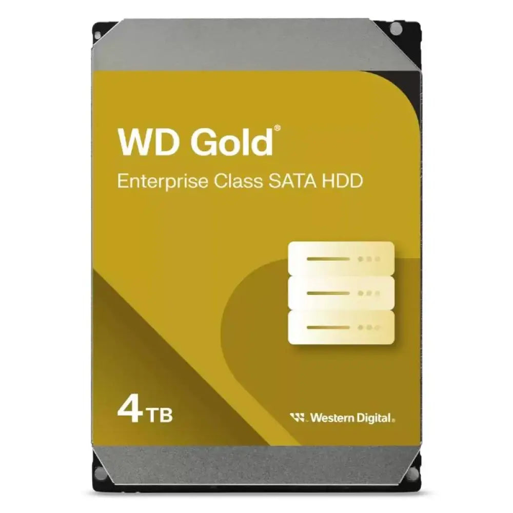 Disco duro interno Western Digital Gold WD4004FRYZ de 4TB con interfaz SATA/600, vista del dispositivo en color negro y detalles técnicos.
