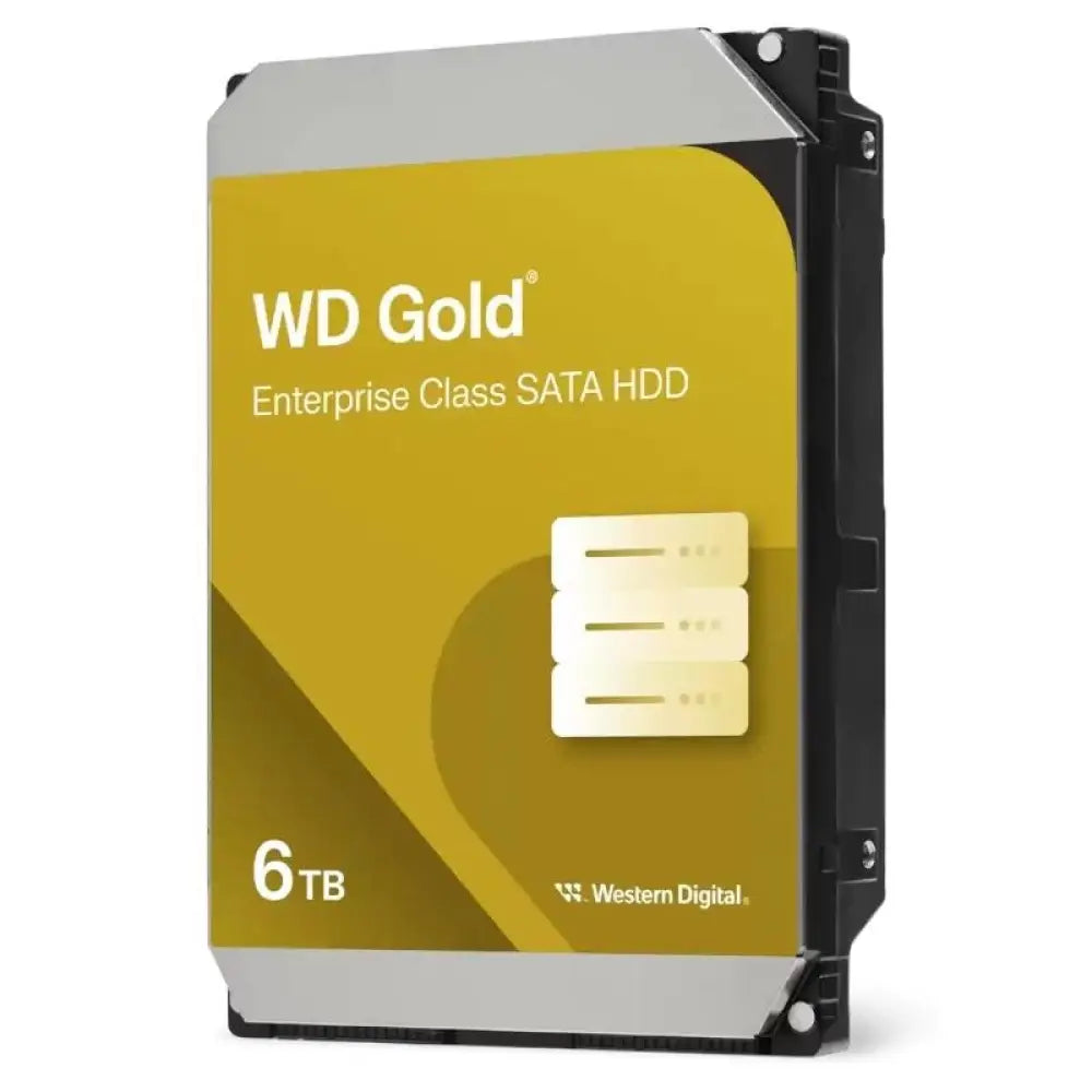 Disco duro interno Western Digital Gold WD6004FRYZ de 6TB SATA/600, con carcasa metálica y conectores en el interior.