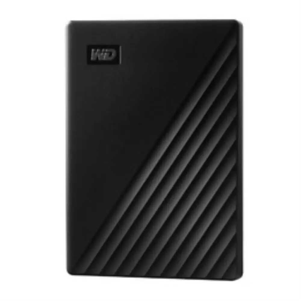 Disco duro externo Western Digital My Passport 5TB negro, portátil y compacto para almacenamiento de datos.