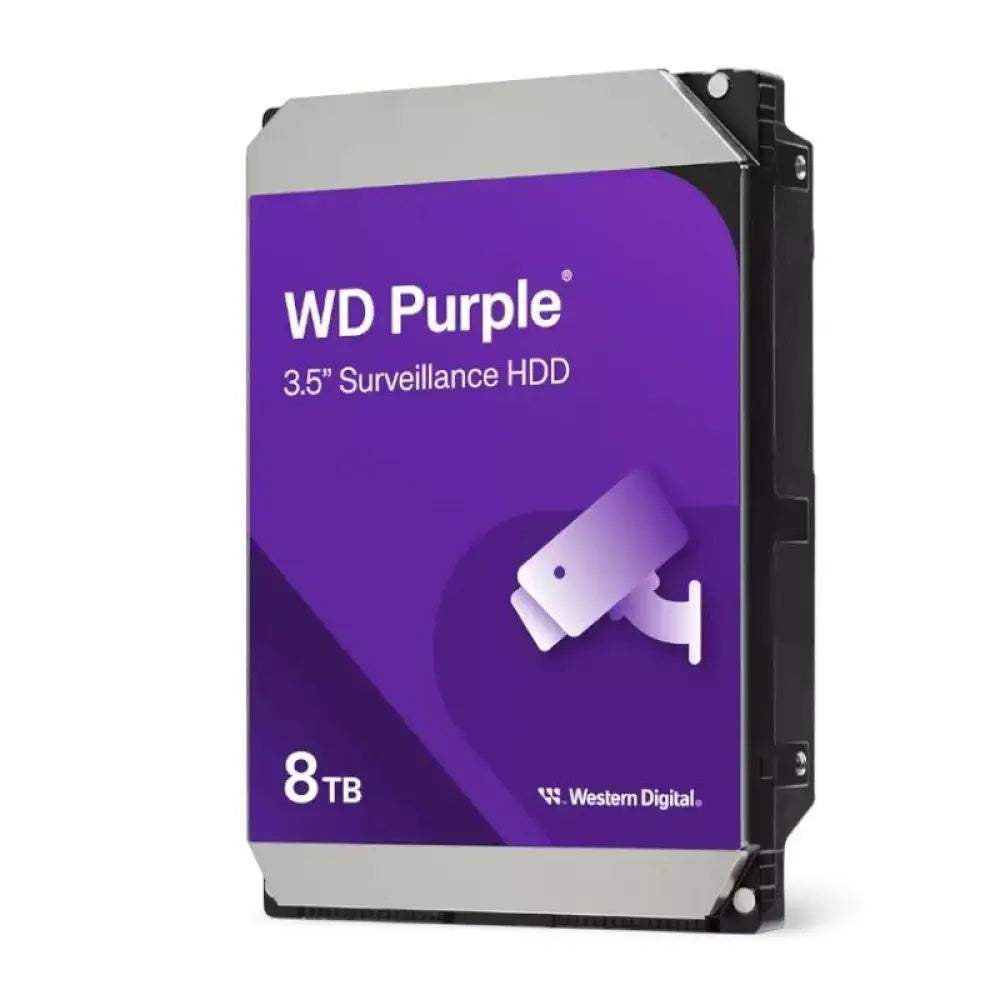 Disco duro interno Western Digital Purple WD85PURZ de 8TB con interfaz SATA-600, vista lateral con etiqueta y conexiones