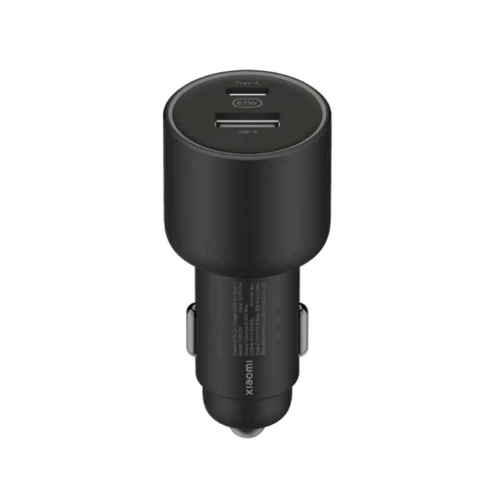 Cargador de coche Xiaomi Mi Car Charger de 67W con 2 puertos USB-C en color negro para dispositivos móviles.