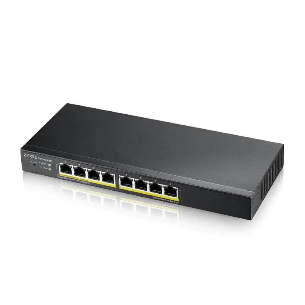 Interruptor sobremesa ZyXEL GS1915-8EP con 8 puertos GbE PoE de 60W, diseñado para redes con gestión Nebula.